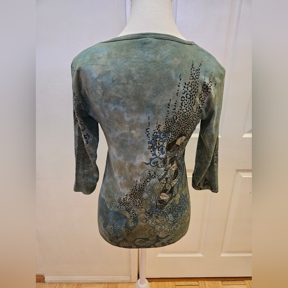 NEW Y2K GLIMA Green Blue Tie Dye Printed Jaguar 3/4 Sleeve Cotton Blouse Top S - Picture 7 of 7